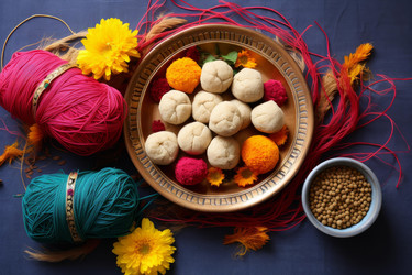 Traditional indian sweets boondi ladoo served on a plate during festivities with flowers, colorful threads, and spices - yliv