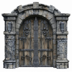 Ancient wooden castle gate with stone arch and lanterns is isolated on white - yliv