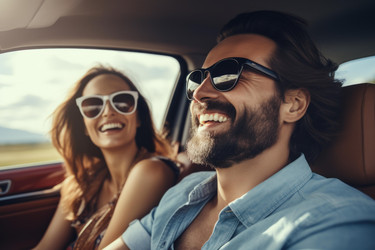 Young couple wearing sunglasses laughing and having fun while driving in a car during a road trip - yliv