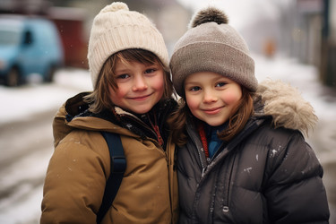 Two smiling children wearing winter clothes enjoying a snowy day - yliv
