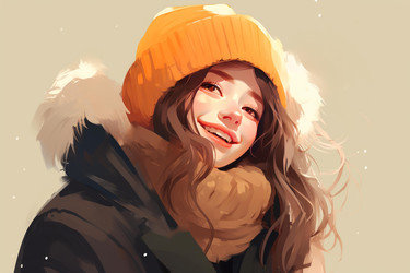 Portrait of a cheerful young woman wearing a warm winter coat, scarf, and a bright orange beanie, enjoying the cold weather - yliv