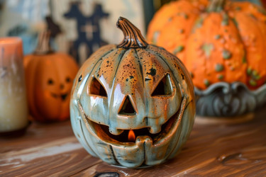 Керамический фонарь jack o ' lantern, светящийся на деревянном столе для празднования Хэллоуина - yliv