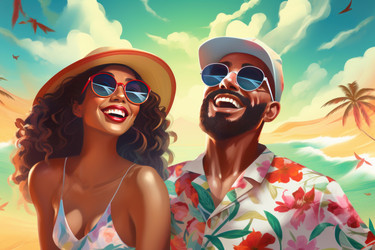 Happy couple enjoying summer vacation on tropical beach - yliv