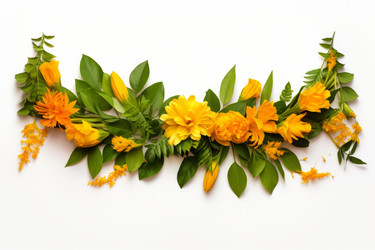 Yellow flowers and green leaves creating a decorative border on white background - yliv