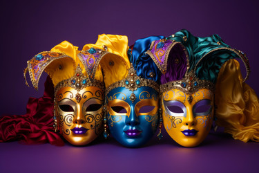 Colorful venetian carnival masks resting on purple background - yliv