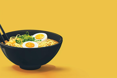 дымящаяся миска горячего рамена с яйцами и палочками для еды на желтом фоне - yliv