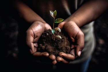 Farmer holding soil and protecting new plant growth - yliv