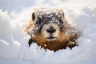 Yellow bellied marmot emerging from its burrow in the snow during winter - yliv
