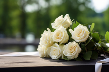 Bouquet of white roses lying on wooden table in outdoor setting - yliv