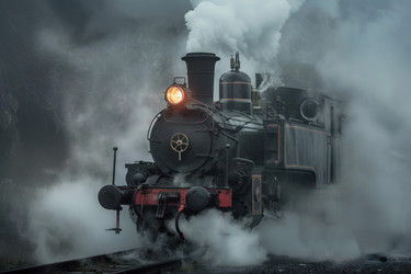 Old steam train departing on a foggy day - yliv