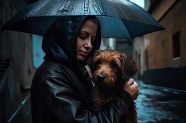 Girl getting wet heavy rain with cute pet dog. Generate Ai - yliv