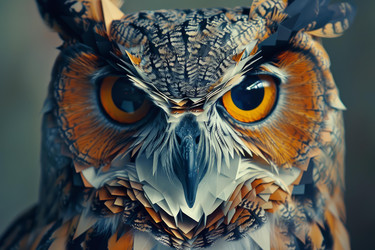 Geometric owl staring with intense orange eyes and detailed feathers - yliv