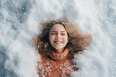 Happy smiling teenager lying down and enjoying fresh snow - yliv