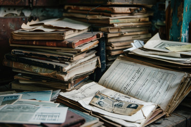 Старинные книги и документы, которые нанизываются на деревянную поверхность, предполагая, давно забытой коллекции - yliv