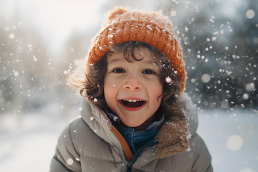 Portrait of a happy child smiling under snowflakes falling from the sky in winter - yliv