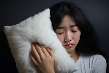 Serene portrait of a young asian woman finding comfort and tranquility as she sleeps soundly, embracing a soft, white pillow - yliv