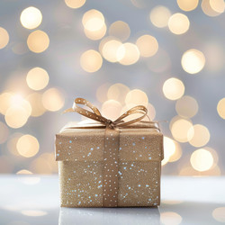 Golden gift box sitting on white surface with bokeh background - yliv