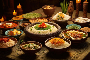 Variety of colorful sri lankan dishes are served on a decorated table, creating a vibrant and appetizing culinary scene - yliv