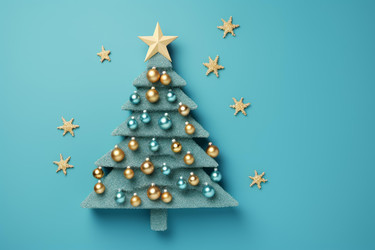 Minimal christmas composition featuring a stylized christmas tree adorned with gold and teal ornaments, set against a teal backdrop - yliv