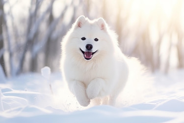 Happy samoyed dog running and playing in the snow on a sunny winter day - yliv