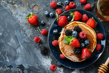 Вкусные блинчики с медом и посыпкой из свежих ягод на темном фоне для полезного завтрака - yliv
