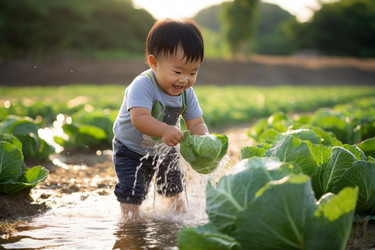 Asian toddler having fun splashing water in a cabbage field during sunset - yliv