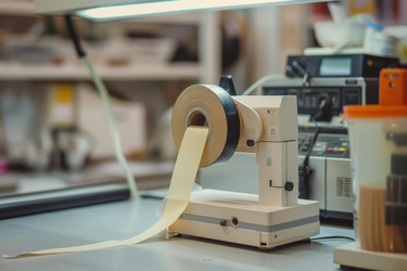 Label dispenser machine standing on table in a brightly lit laboratory - yliv