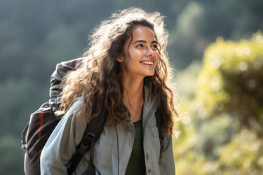 Portrait of a smiling young female hiker with backpack enjoying a sunny day in the mountains - yliv