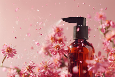 Amber cosmetic bottle spraying surrounded by pink flowers and petals flying on pink background - yliv
