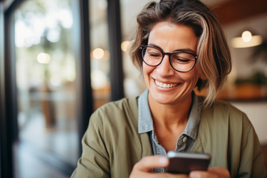 Happy businesswoman is using her smartphone in a cafe, smiling while reading a message or browsing social media - yliv