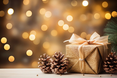 Golden christmas gift box with pine cones and festive bokeh lights - yliv