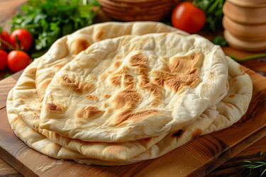 Delicious homemade flatbreads resting on wooden cutting board - yliv