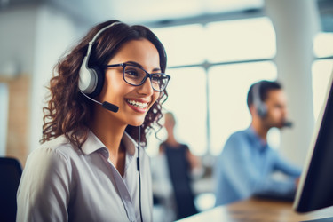 Smiling customer service representative working in busy call center - yliv