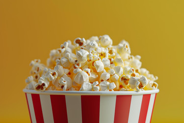Popcorn overflowing from striped bucket on yellow background - yliv