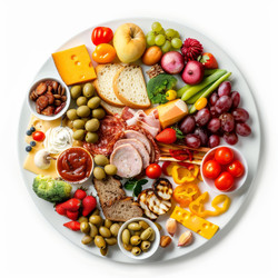блюдо для кейтеринга с вкусными смешанными блюдами, включая сыр, мясное ассорти, овощи, фрукты, орехи и соусы - yliv