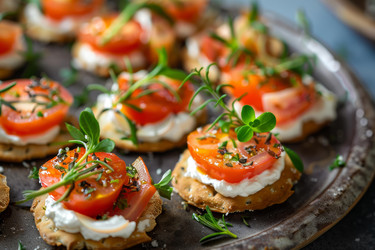 Delicious canapes with cream cheese, tomatoes and herbs on crackers - yliv