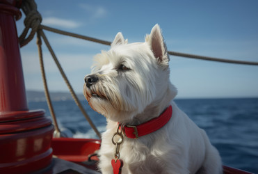 Dog at stern of ship sadly looks out sea. Generate Ai - yliv