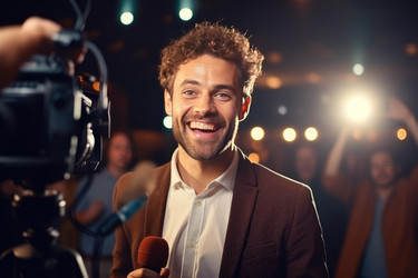 Young smiling male singer giving interview during press conference backstage before a concert - yliv