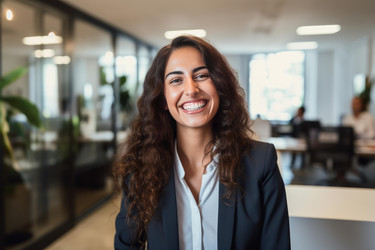 Portrait of a cheerful businesswoman smiling in a modern office, showcasing confidence and success in her career - yliv