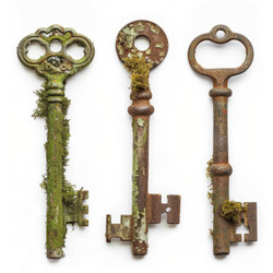 Three antique rusty keys covered with moss lying on a white background - yliv