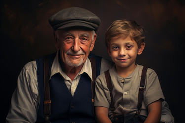 Grandfather and grandson smiling together, multi generational family portrait - yliv