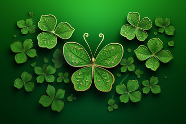 Green butterfly with golden decorations flying among shamrocks on green background - yliv