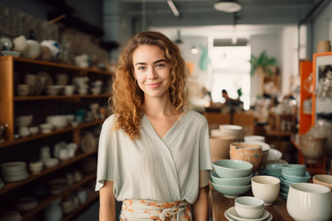 Portrait of a young saleswoman smiling in her pottery shop, surrounded by handmade ceramic dishware - yliv