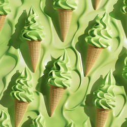 Pistachio or matcha soft serve ice cream cones laying on a green background - yliv