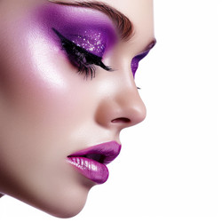 Beauty portrait of model with purple makeup and glitter eyeshadow posing in studio - yliv