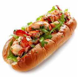 вкусный рулет из лобстера, заправленный зеленью и соусом на белом фоне - yliv