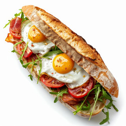 вкусный бутерброд из багета с яичницей-глазуньей, беконом, помидорами и рукколой на белом фоне - yliv