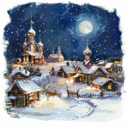 Snow falling on a cozy village with illuminated russian orthodox churches under a full moon at night - yliv