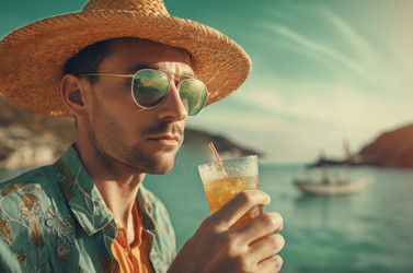 Tourist guy with hat drinking cocktail on seashore. Generate ai - yliv