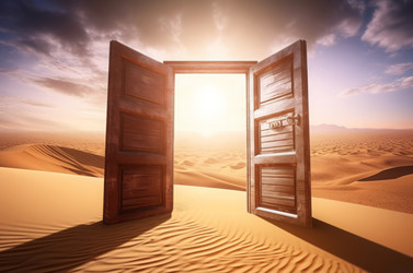Opened door desert. Generate AI - yliv